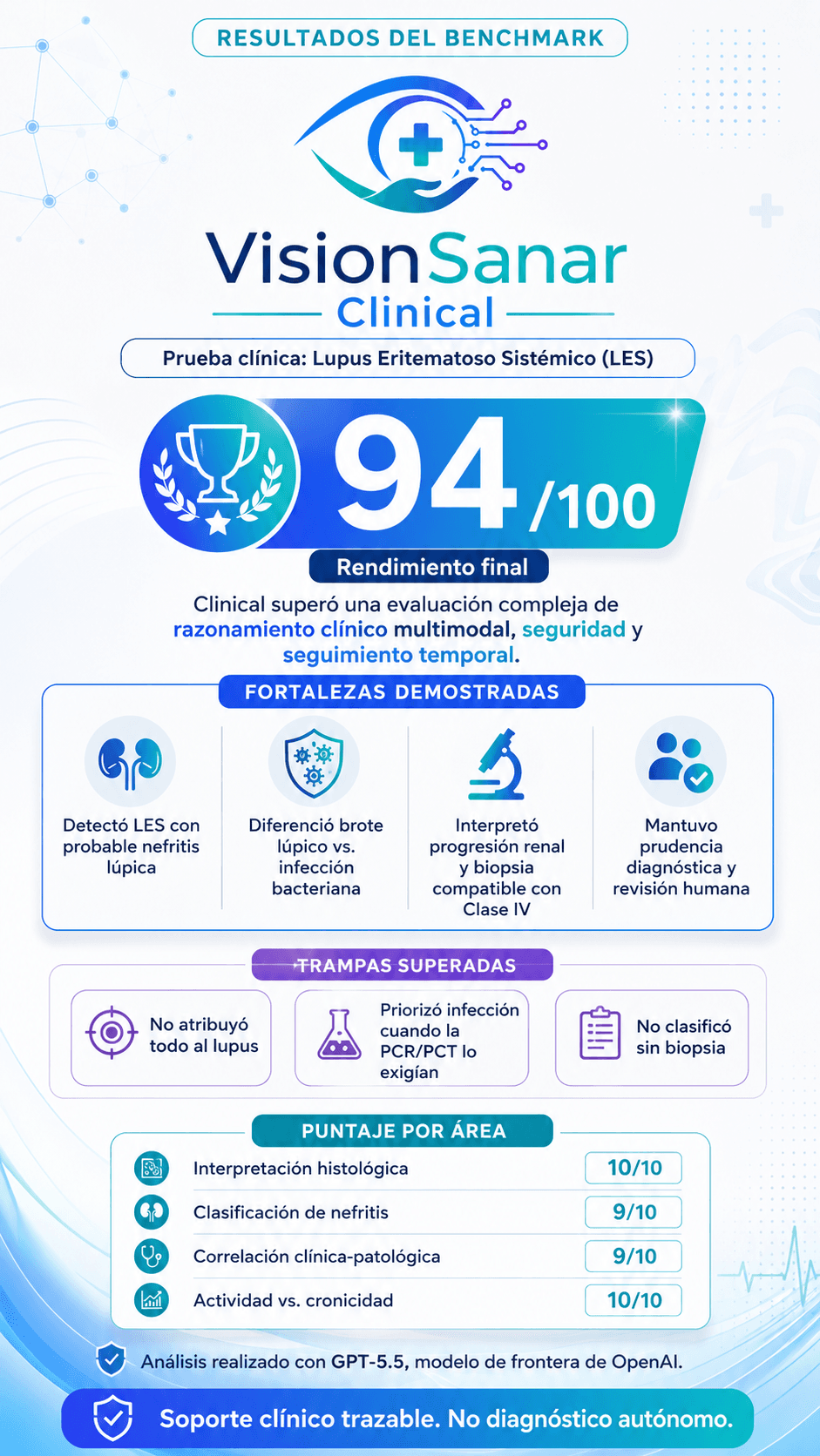 Resultado del benchmark interno de Lupus de VisionSanar Clinical: 94 sobre 100.